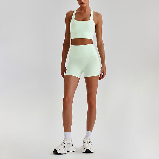 Wholesale Cross-Back Sports Bra & High-Waist Biker Shorts Set – Naked-Feel Quick-Dry Yoga 2-Piece
