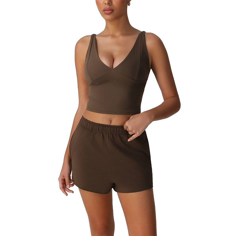 V-Neck Crop Top + Loose Sports Shorts 2-Piece Set
