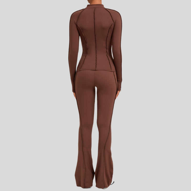 Thumb-buckle zipper jacket + slightly flared pants + sports bra 3-piece set