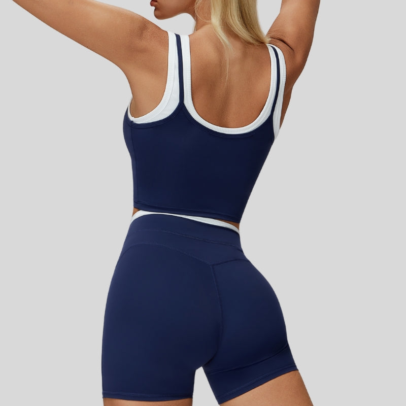 Two-piece contrasting sports tank top+sports shorts 2-piece set