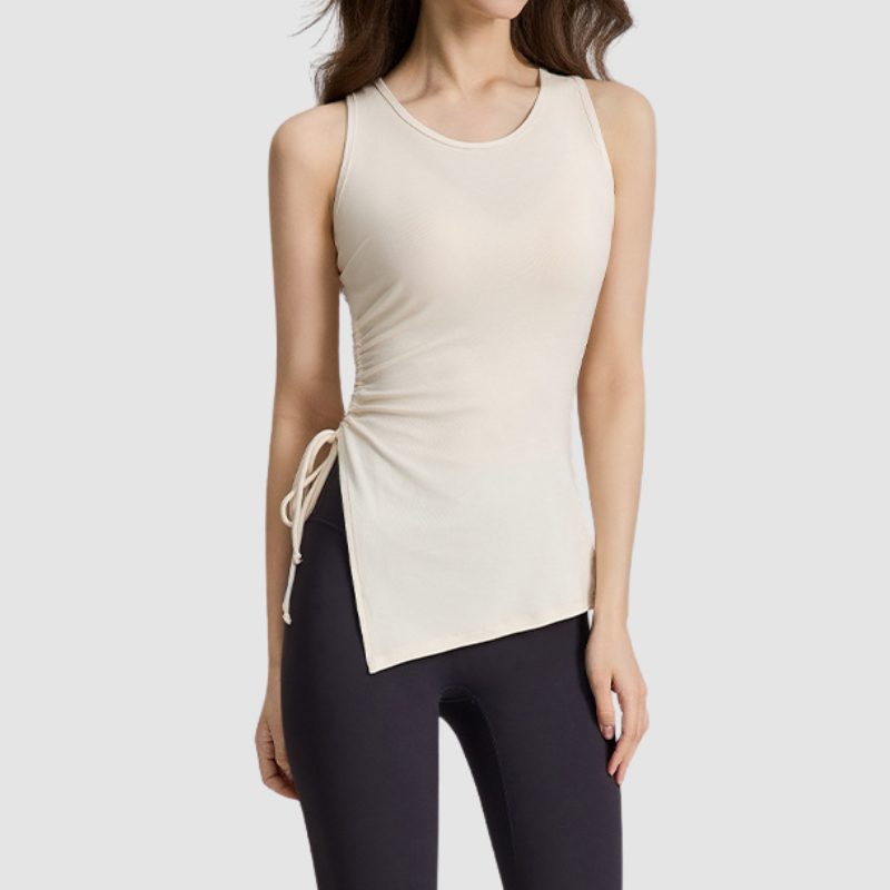 Wholesale Women's Ribbed Yoga Tank Top with Drawstring Hem & Side Slit – TX309