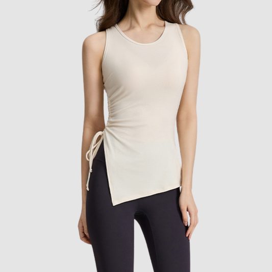 Wholesale Women's Ribbed Yoga Tank Top with Drawstring Hem & Side Slit – TX309