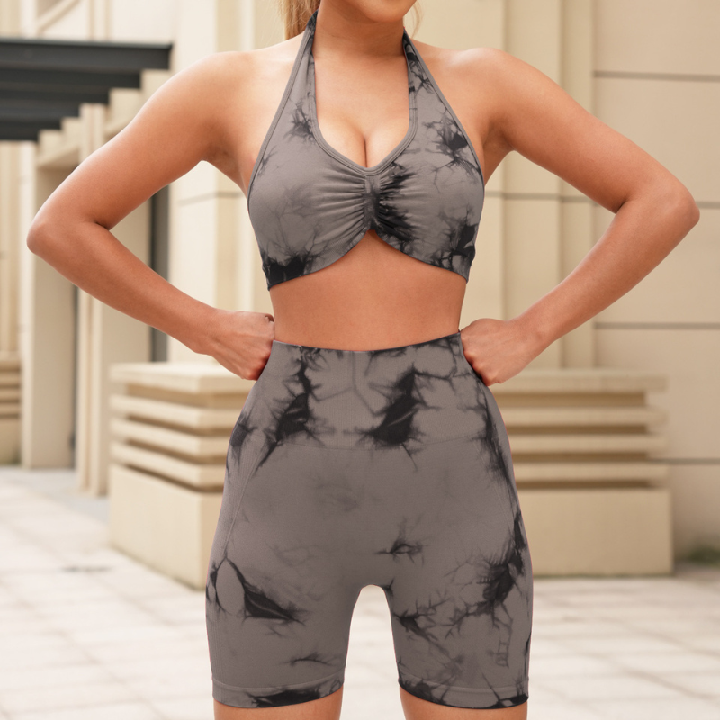Seamless tie-dye halter backless bra + high-waisted shorts two-piece set