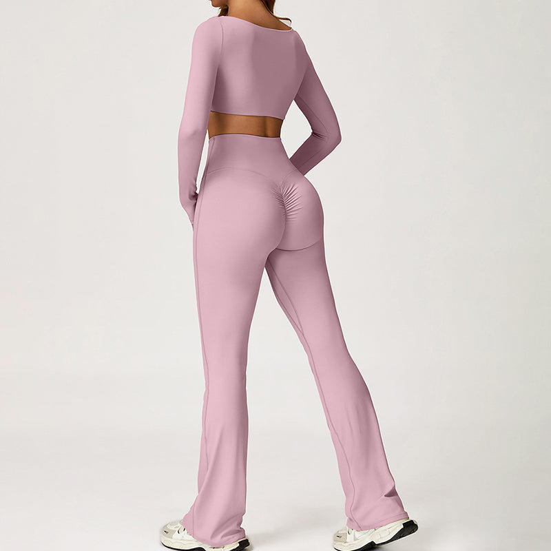 Solid color yoga fitness long sleeve + flared leg pants two-piece set