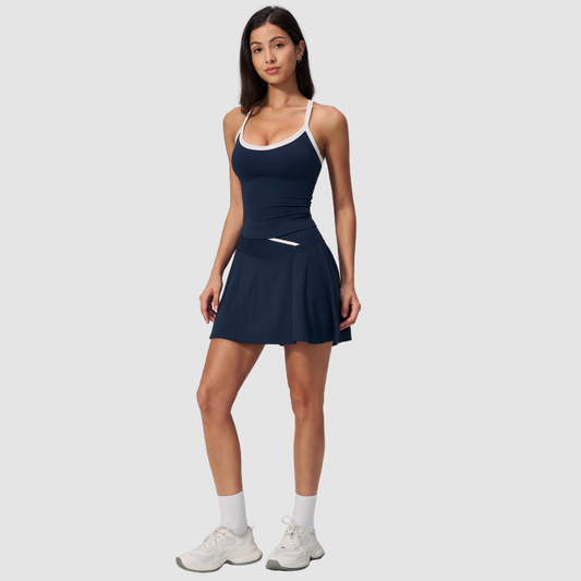 Wholesale I-Shape backless Naked-Feel Sports Bra & Pleated Tennis Skirt Set