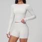 Wholesale Seam-Detail Long-Sleeve Crop Top & High-Waist Biker Shorts Set – Brushed Yoga 2-Piece