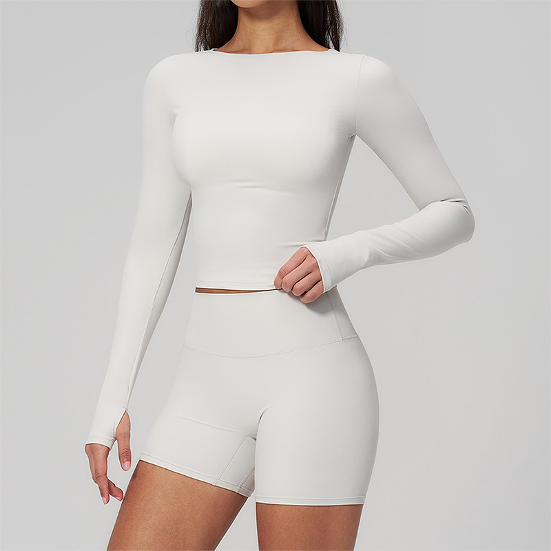 Wholesale Seam-Detail Long-Sleeve Crop Top & High-Waist Biker Shorts Set – Brushed Yoga 2-Piece