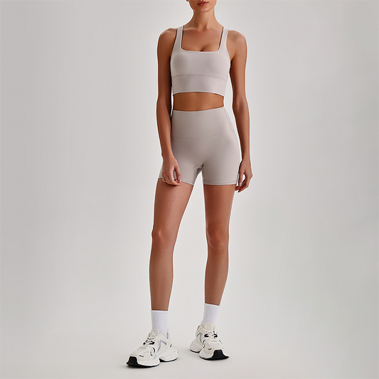 Wholesale Cross-Back Sports Bra & High-Waist Biker Shorts Set – Naked-Feel Quick-Dry Yoga 2-Piece