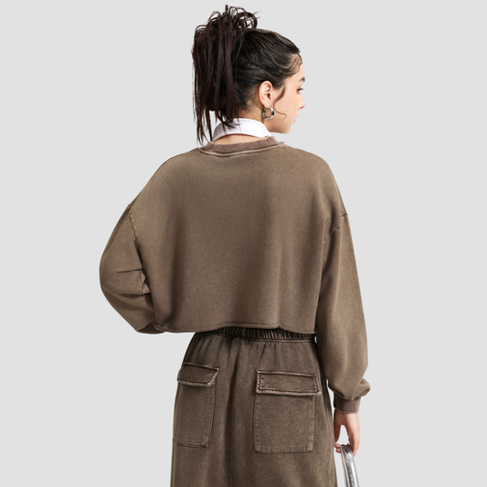 Wholesale Washed Raw-Edge Long Sleeve Top – Cropped Cotton Streetwear