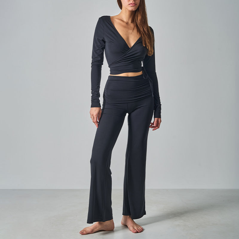 Women's Morday Side Drawstring Yoga Top + High-Waisted Wide-Leg Pants 2-Piece Set