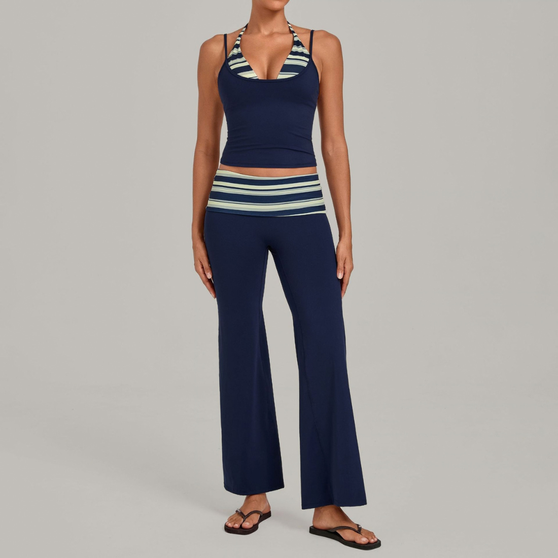 Wholesale Women's Retro Print Yoga Fake Two-Piece Vest+Flared-Leg Pants Set
