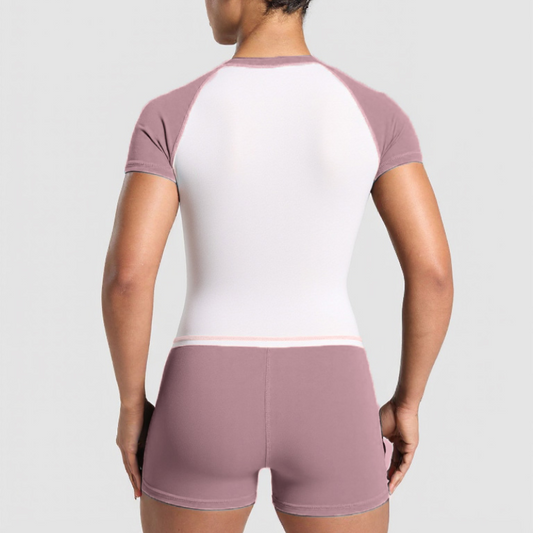 Contrasting short-sleeved top + shorts+headband  3-piece set