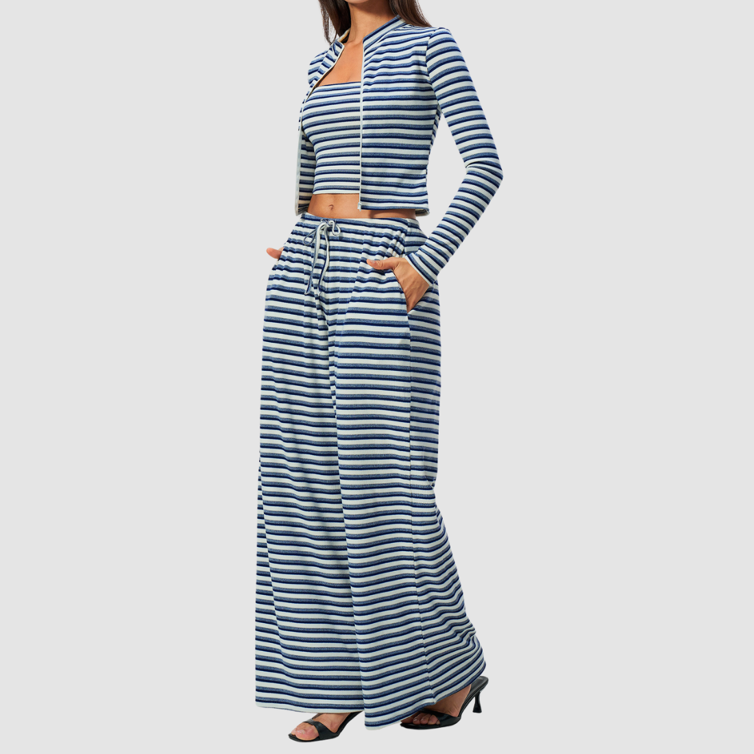 Wholesale Women's Stripe Yoga Bra & Wide-Leg Pants & Jacket 3-Piece Set