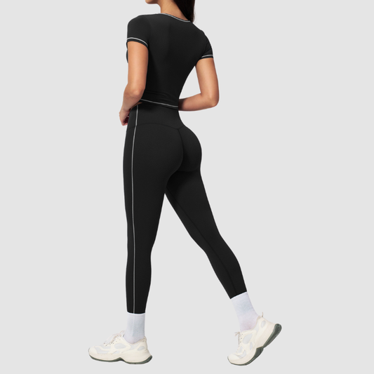 Wholesale Women's Seam-Detail Short Sleeve Crop Top + High-Waist Leggings Set – Butt-Lifting Yoga Gym Activewear