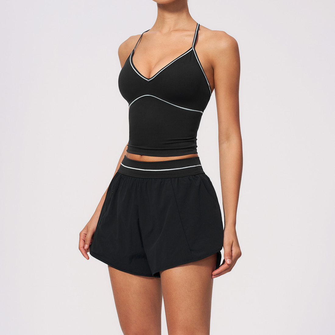 Wholesale Women's Brushed Yoga Set: Halter V-Neck Bra & Shorts – Colorblock Quick-Dry