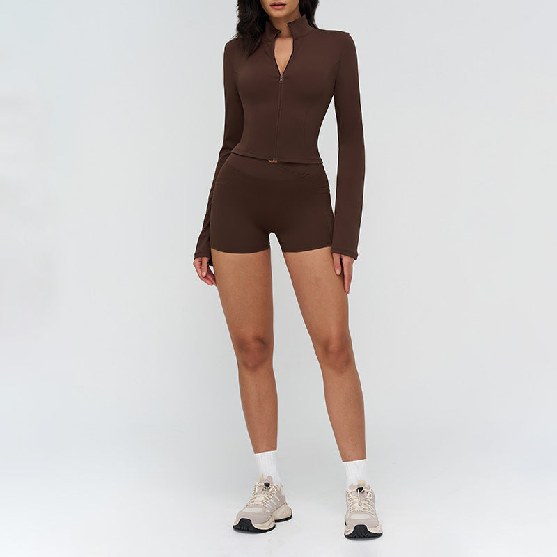 Stand-up collar yoga jacket + side pocket design shorts 2-piece set