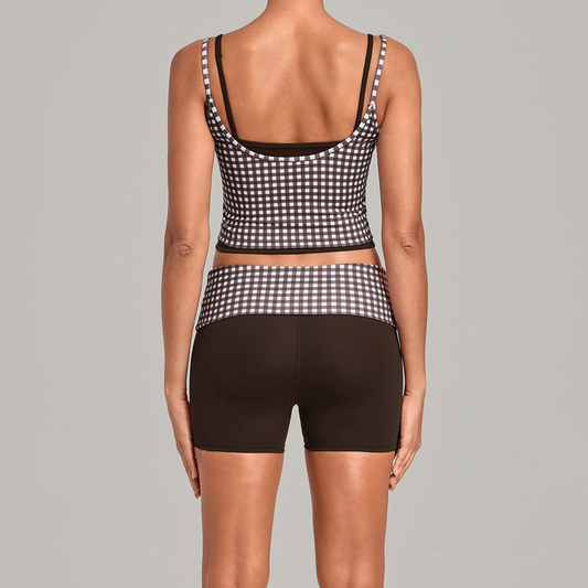 Wholesale Women's Retro Print Double-Strap Yoga Vest+High-waist Shorts Two-Piece Set