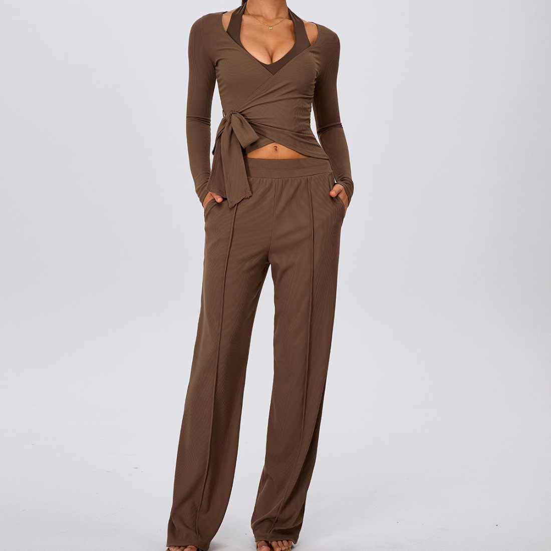 Wholesale Women's Padded Sports Bra+Tie-Front Long-Sleeve+Wide-Leg Pants Yoga Set