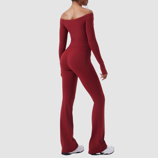 Wholesale off-the-shoulder yoga top + flared | Wonderxfans bulk activewear