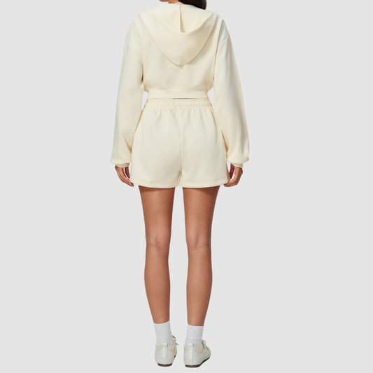 Wholesale Women's Relaxed Fleece-Lined  Zip Up Hoodie & Sweat Shorts Set