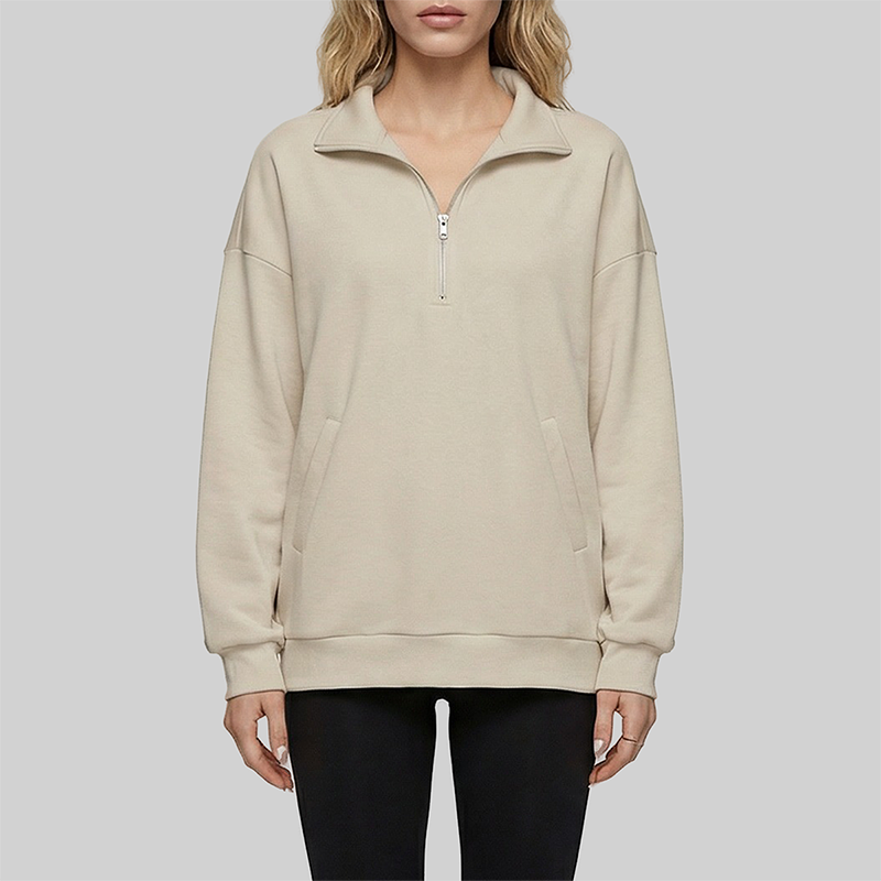 Loose long sleeved Half Zip Stand Collar Fleece Sweatshirt