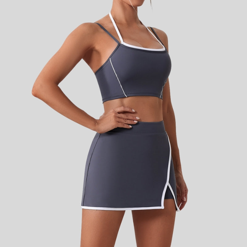 Faux two-piece bra + Faux two-piece A-line skirt 2-piece set