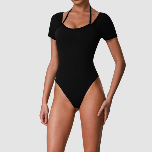 Wholesale Women's Cut-Out Open Back Short Sleeve Yoga Bodysuit – Built-In Bra Pad Gym Fitness One-Piece
