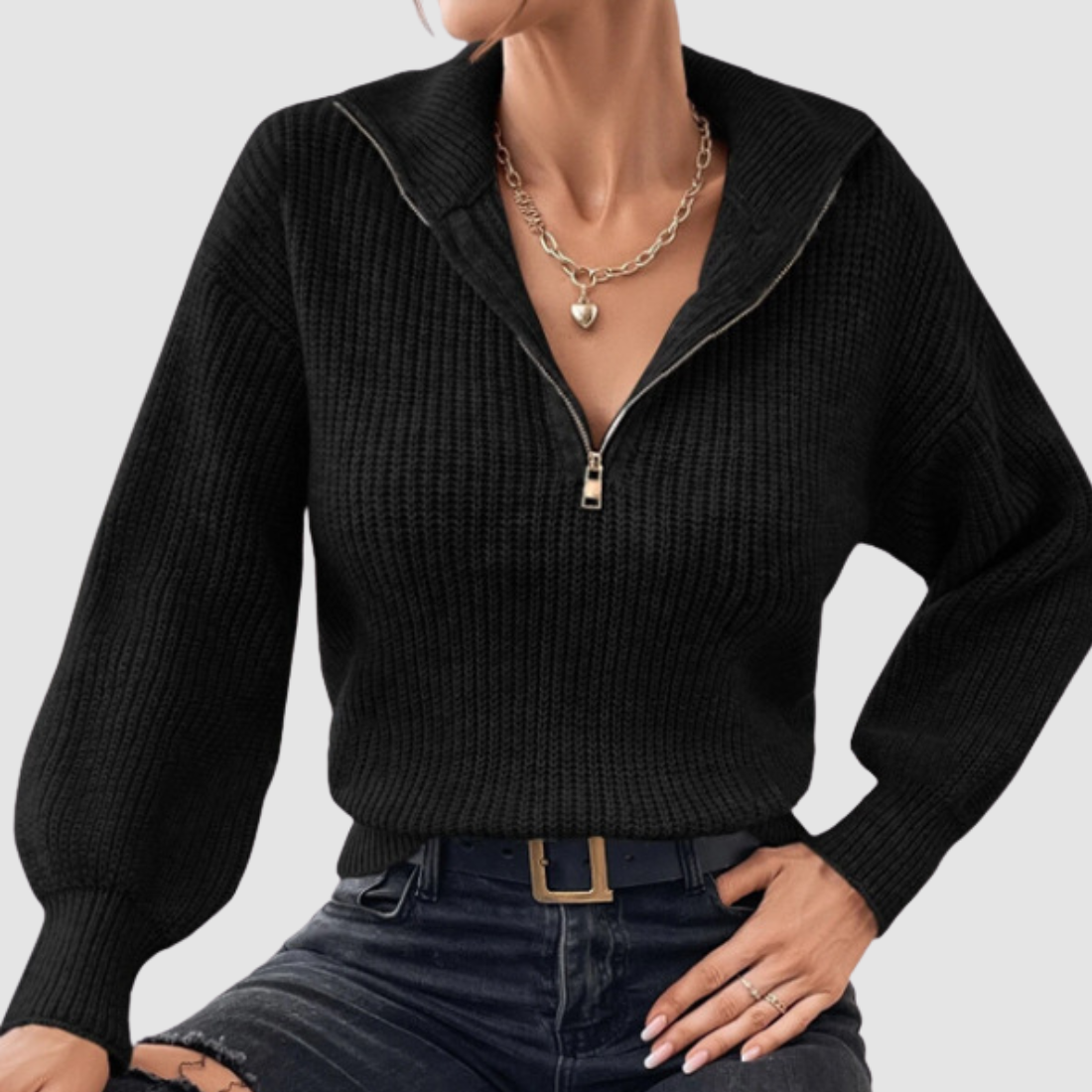 Wholesale Women's Sweaters Polo-Collar Zip Long-Sleeve Knit Sweater Top