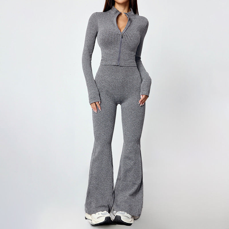 Women's knitted zippered fitted top + body-hugging flared pants 2-piece set
