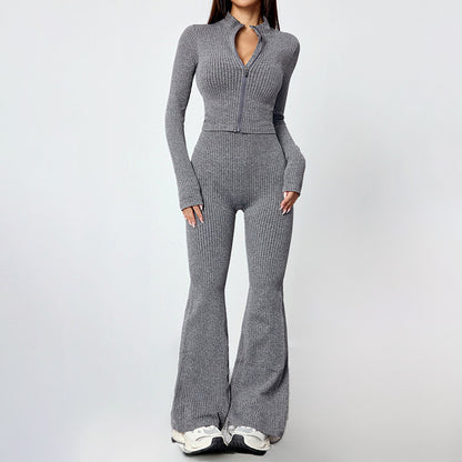 Women's knitted zippered fitted top + body-hugging flared pants 2-piece set