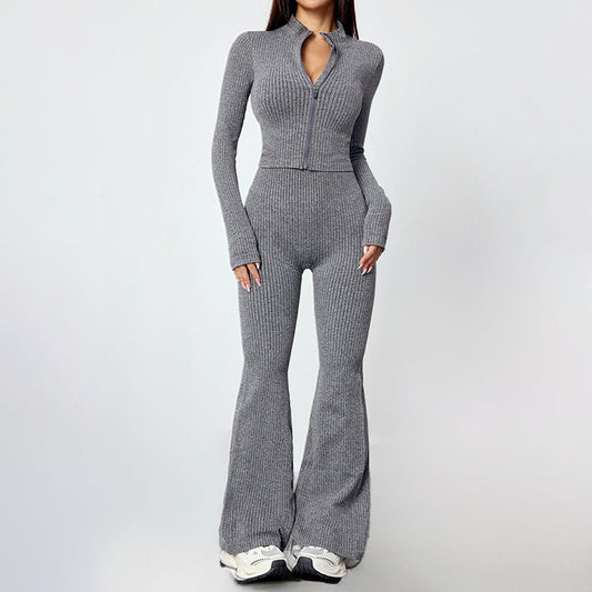 Women's knitted zippered fitted top + body-hugging flared pants 2-piece set