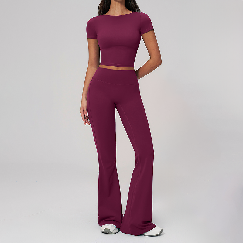 Wholesale Seam-Detail Cropped T-Shirt & Flare Leggings Set – Brushed Yoga 2-Piece