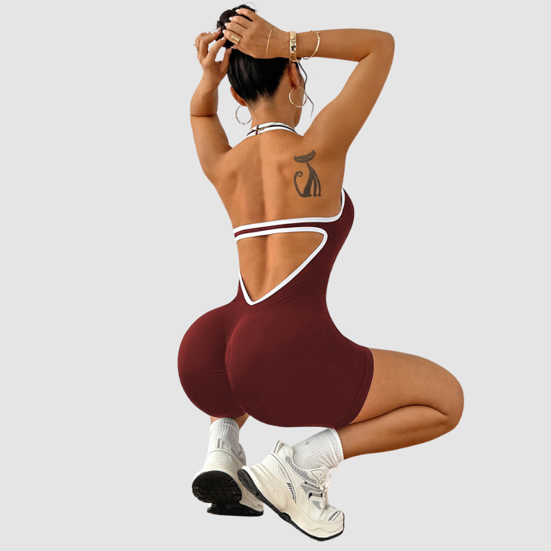 Wholesale Color-Block Halter Neck Backless Jumpsuit Shorts