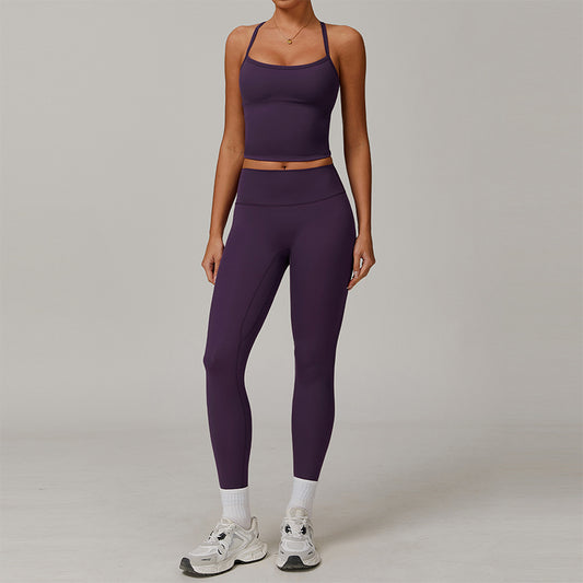 Tapa del tanque de yoga de cruz cepillado + Leggings de cintura alta de 2 piezas