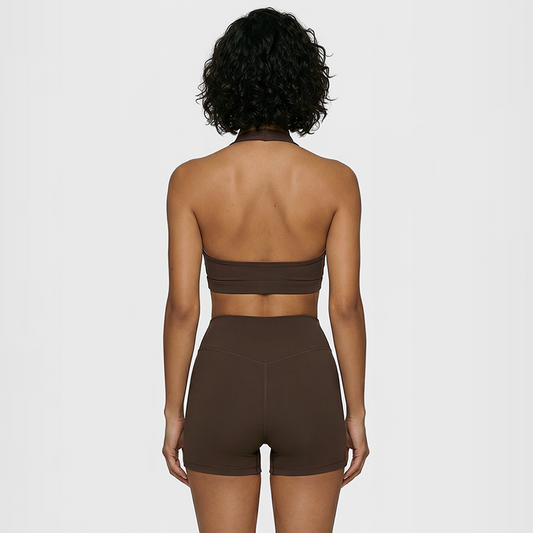 Deep V halter neck bra + high waisted shorts 2-piece set