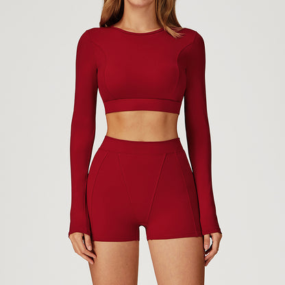 Round-neck long-sleeve high-waist fitted top+High-waist shorts 2-PIECE SET