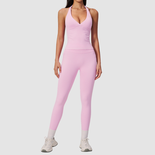 Wholesale Women's Halter Sports Bra & Full-Length Leggings Set – Seamless Peach-Lift Yoga Activewear