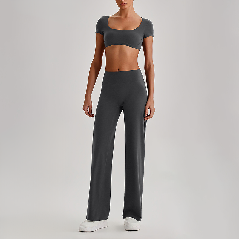 Wholesale Women's Short Sleeve Exposed Back Bra+Naked Feel Straight Leg Pants Yoga Set