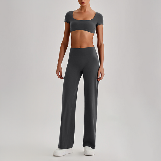 Wholesale Women's Short Sleeve Exposed Back Bra+Naked Feel Straight Leg Pants Yoga Set