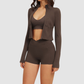 Women's front-zip cardigan long-sleeved jacket & bra and shorts three-piece set