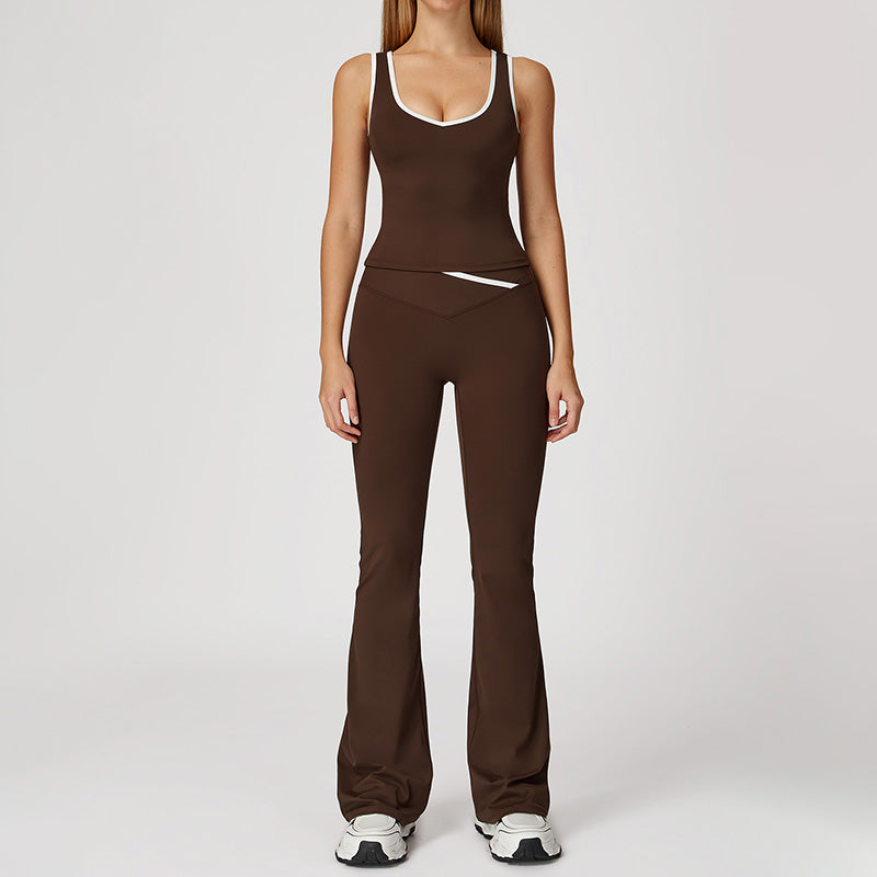 Kontrast Color Fitness Nackt Yoga Tanktop & hoch taillierte ausgestellte Beinhosen Set