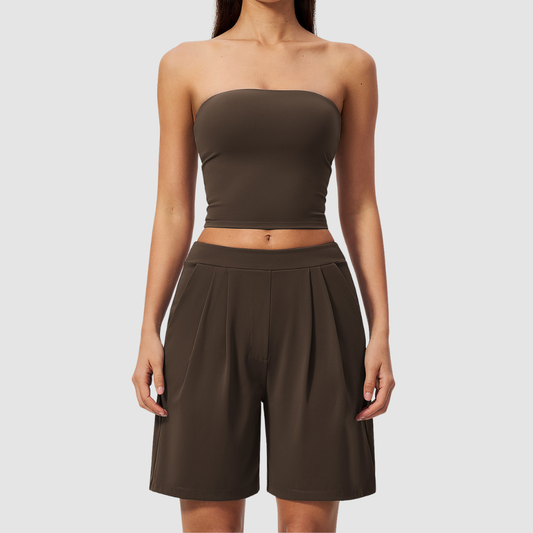 Wholesale Women’s Tube Top & Relaxed Shorts Yoga Set – Moisture-Wicking