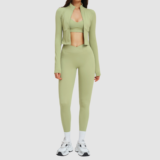 Wholesale stand-collar jacket+leggings+ sports bra 3-piece | Wonderxfans bulk activewear