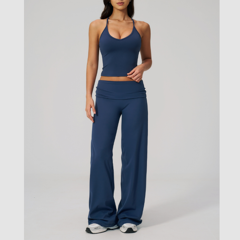 Wholesale Breathable Tank Top& Fold-up High Waist Flare Leggings Set