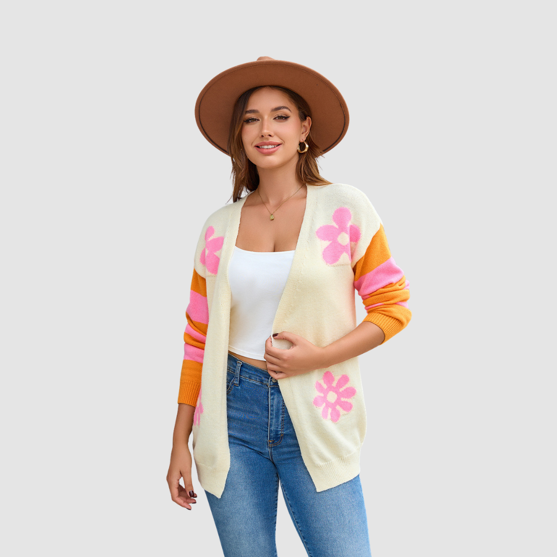 Wholesale Women’s Contrast Flower Stripe Knit Cardigan