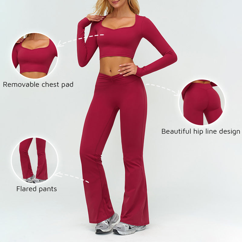 Slim-fitting long-sleeved top + High-waisted flared pants 2-piece set