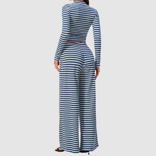 Wholesale Women's Stripe Yoga Set: Zip Stand-Collar Jacket & Wide-Leg Pants