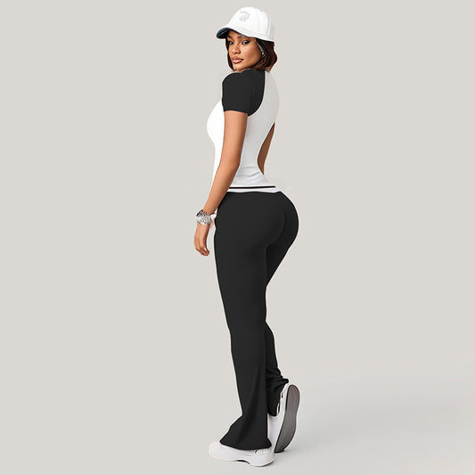 Pantalones de pierna de la pierna abalanzada + de manga corta + Set de 3 piezas contrastante de manga corta + banda de 3 piezas