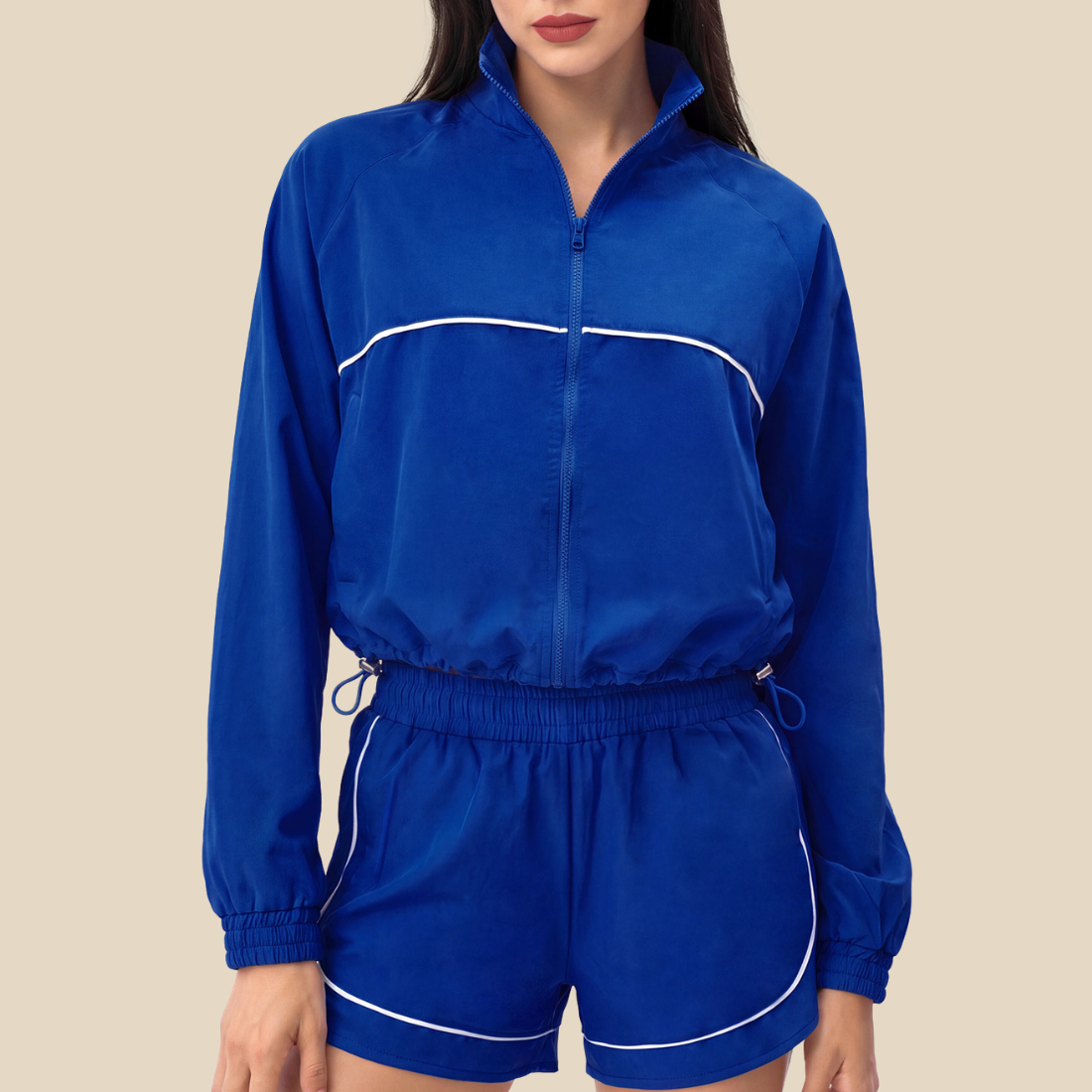 Wholesale Women's Activewear Stand-Collar Zip Jacket & Hip-Lift Shorts Two-Piece Set