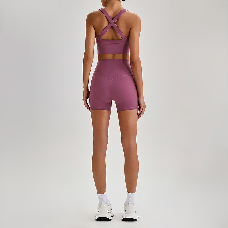 Wholesale Cross-Back Sports Bra & High-Waist Biker Shorts Set – Naked-Feel Quick-Dry Yoga 2-Piece